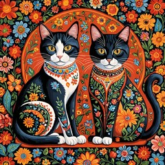 Painting of two cats sitting on a floraled background with a red circle.