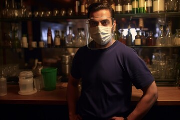 Portrait of small bar owner behind bar counter while wearing protective face mask A portrait of a small bar owner behind the bar counter while wearing a protective face mask