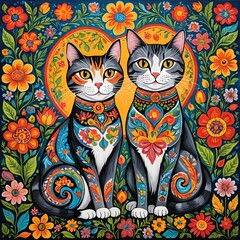 A painting of two cats on a floral background with a red circle.