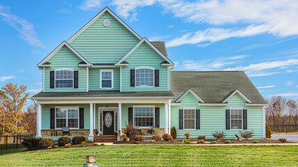 A tranquil mint green home with siding and shutters offers a serene retreat within the suburban landscape, its calming hue complementing the clear blue sky overhead.