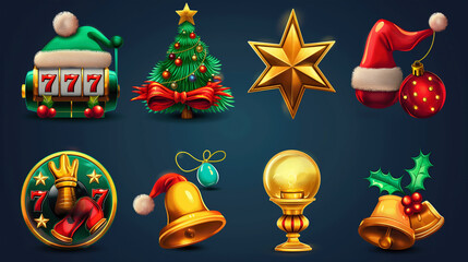 Christmas icon set for slot game on dark background, Illustration