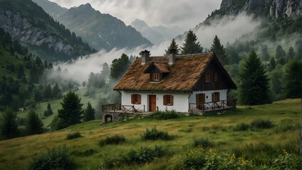 Obraz premium An isolated mountain abode stands gracefully amidst the lush greenery of a Northern European landscape veiled in mist, exuding timeless charm ai_generated
