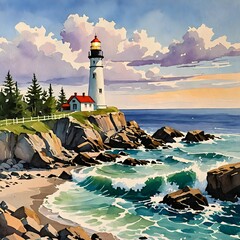 A lighthouse painting featuring a boat, water, and rocks.