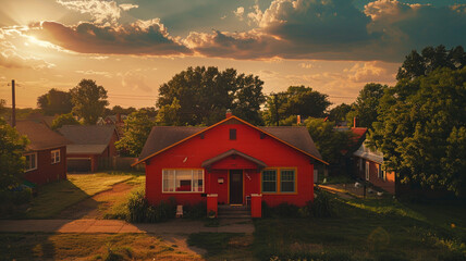 A vibrant vermilion house, offering a bold contrast in a subdued suburban landscape, under the radiant afternoon sun.