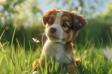 adorable purebred puppy sitting in grass realistic 3d illustration