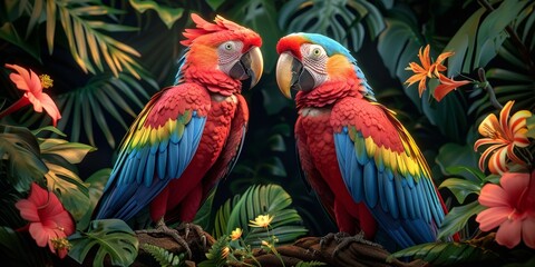 Exotic colorful background with macaws in the jungle surrounded by lush vegetation and blooming flowers