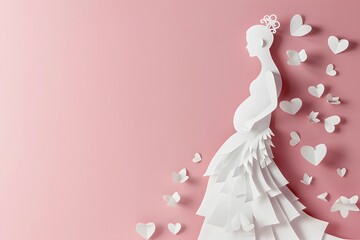 Minimalist 3d illustration pastel color paper art style pregnant woman in long dress touching her belly with heart for happy pregnancy concept