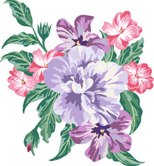 Exotic bouquet with tropical leaves and flowers. Vintage illustration.
