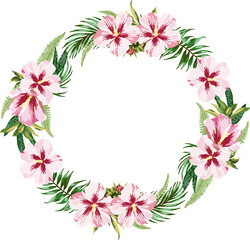 Tropical round frame with pink hibiscus flowers. Vintage illustration.