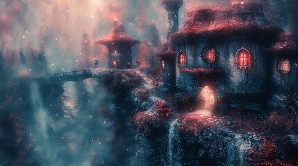 A fantasy scene with a castle and a bridge