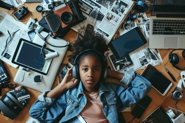 The top view of picture that about young african american human laying down and listening to the music and focused in the full of the thought and music with room that surrounded with devices. AIGX03. - Powered by Adobe