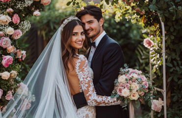 A beautiful young bride in an elegant white wedding dress stands with her groom, holding each other's hands and smiling at the camera against the backdrop of lush greenery and blooming flowers.