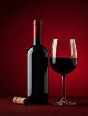 Photo of red , dark wine glass with wine bottle on the table