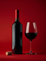 Photo of red , dark wine glass with wine bottle on the table