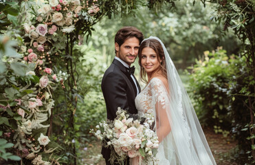 A beautiful young bride in an elegant white wedding dress stands with her groom, holding each other's hands and smiling at the camera against the backdrop of lush greenery and blooming flowers.