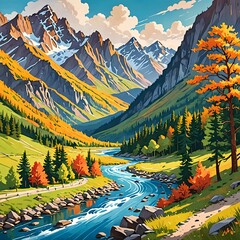 Painting of a mountain river with a mountain range in the background.