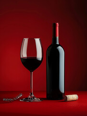 Photo of red , dark wine glass with wine bottle on the table