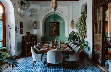 A bohemian-style dining room in an old Moroccan house with white and blue checkered tiles on the floor