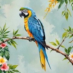 Colorful parrot perched on a branch with flowers.