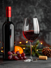 Obraz premium Photo of red , dark wine glass with wine bottle on the table