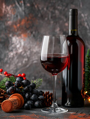 Photo of red , dark wine glass with wine bottle on the table