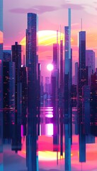 Illustrate a futuristic cityscape from a distance, showcasing sleek skyscrapers against a neon-lit sky Incorporate intricate details and reflections to enhance the depth of the scene