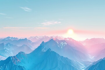Illustrate a breathtaking wide-angle view of a serene mountain range at sunrise, showcasing a seamless gradient of cool tones from snow-capped peaks to clear blue skies, reminiscent of a watercolor pa