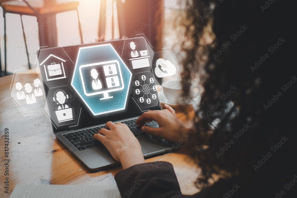 Poster remote working concept, businesswoman using laptop computer on desk with remote working icon on virt