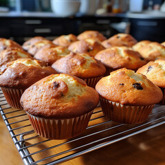 Chocolate chip muffins are lined up in a row on a metal tray, cooling and ready to be served