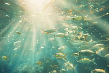 Obraz premium Paint a serene underwater scene with a school of shimmering fish, viewed from the ocean floor up, sunlight filtering through water, creating a dreamy, watercolor-like effect, each fish a unique burst
