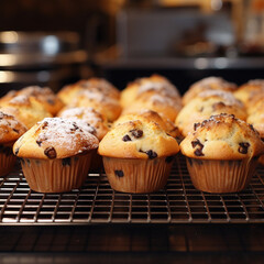 Chocolate chip muffins are lined up in a row on a metal tray, cooling and ready to be served