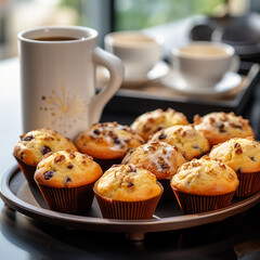 Chocolate chip muffins are lined up in a row on a tray, cooling and ready to be served
