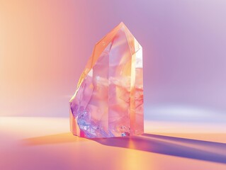 Craft a side view of a mesmerizing translucent crystal, capturing ethereal light refractions and delicate colors in a digital CG 3D rendering