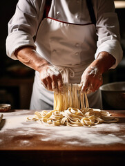 The chef is preparing fresh traditional Italian pasta in a close-up shot