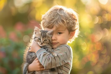 adorable little boy holding fluffy kitten heartwarming childhood moment outdoors
