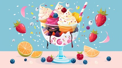 Scene of an ice cream sundae with toppings flat design side view summer dessert theme cartoon drawing vivid