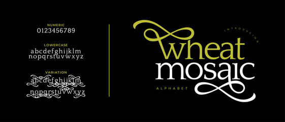 Wheat elegant font alphabet uppercase lowercase and number. Classic lettering minimal fashion designs. Typography modern serif fonts regular decorative vintage concept. Vector illustration
