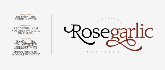 Rose garlic elegant font alphabet uppercase lowercase and number. Classic lettering minimal fashion designs. Typography modern serif fonts regular decorative vintage concept. Vector illustration © fourmonths