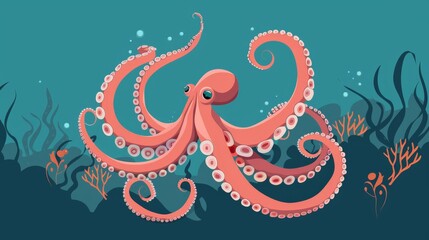 Scene of an octopus in deep sea flat design side view marine intelligence theme animation Complementary Color Scheme
