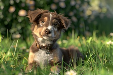 adorable purebred puppy sitting in grass realistic 3d illustration