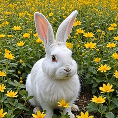 A white rabbit sitting in a field of yellow flowers.