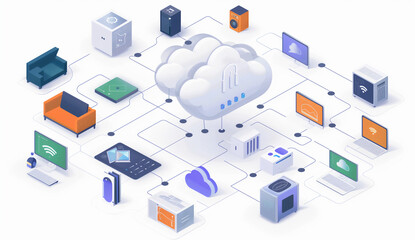 Isometric illustration of cloud computing, with icons representing computers and the internet connected to an abstract representation of a cloud or bag of data.