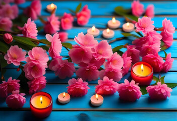 A background of pink flowers and candles on a blue wooden surface - Powered by Adobe