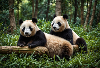 Obraz premium two big pandas lazing around on bamboo