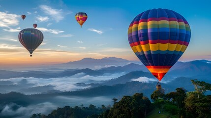 Obraz premium Colorful hot air balloons flying over mountain 