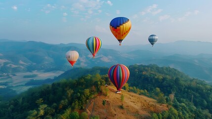 Naklejka premium Colorful hot air balloons flying over mountain 