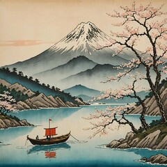A boat sailing on a river with a mountain in the background.