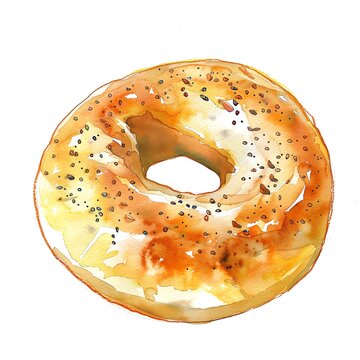 recommend clip art: A watercolor painting of a delicious-looking bagel. The bagel is golden brown and topped with poppy seeds and sesame seeds. It is sure to make your mouth water.