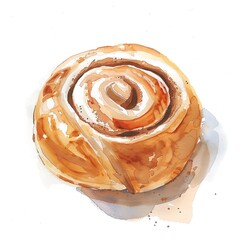 Fototapeta premium Watercolor painting of a delicious-looking, freshly baked cinnamon roll. The warm colors of the painting make the cinnamon roll look even more delicious.