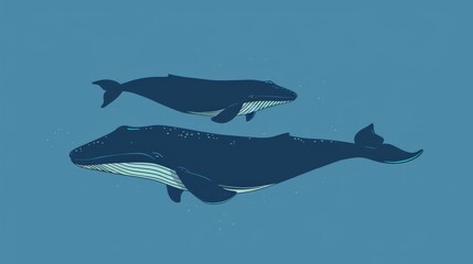Scene of two blue whales side by side flat design side view oceanic duo theme animation vivid